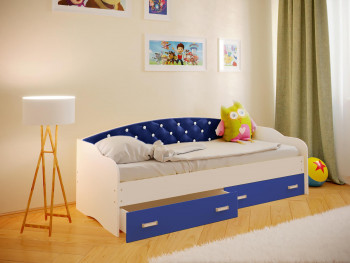 Кровать Софа-7 с мягкой спинкой со стразами (800х2000) Белый/Синий в Красноглинном - krasnoglinnoe.mebel54.com | фото
