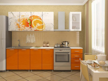 Кухонный гарнитур 1,6м Апельсин (Белый/Оранжевый металлик/Фотопечать апельсин) в Красноглинном - krasnoglinnoe.mebel54.com | фото